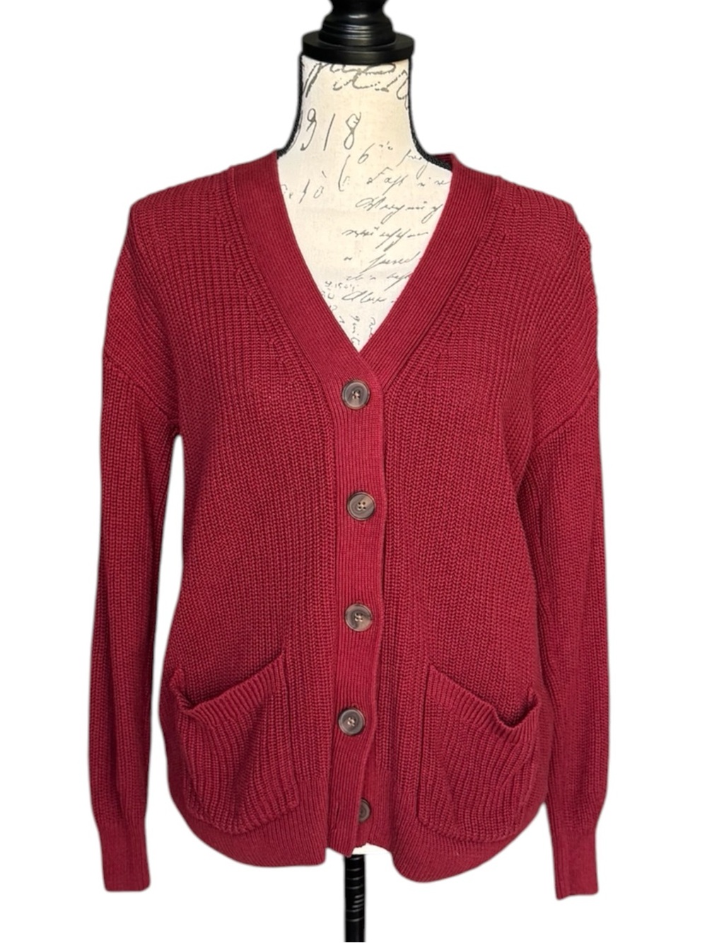 LOFT Burgundy Button-Front V-Neck Cardigan